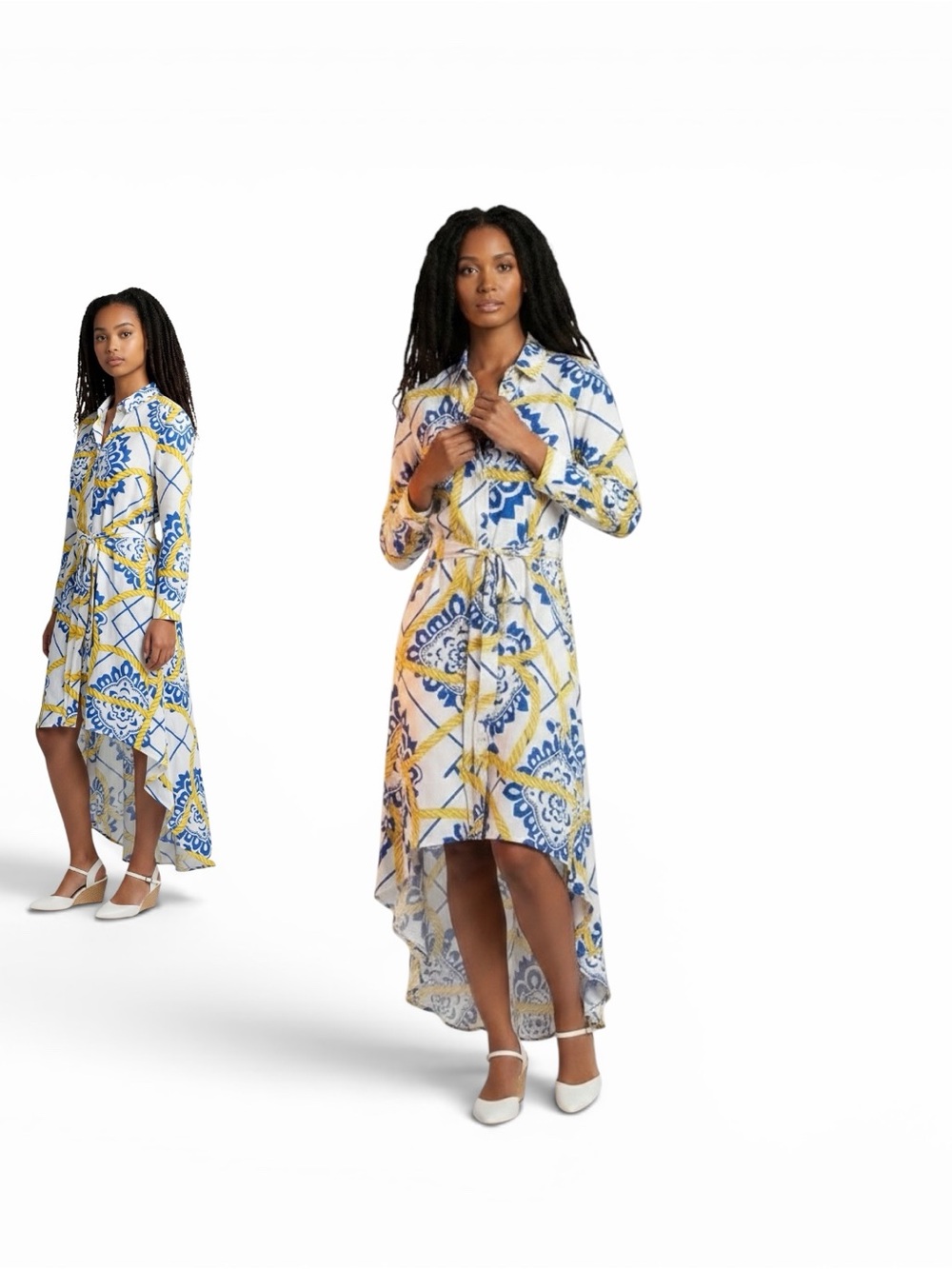 NWT Everlily Linen Blend Nautical Rope Print Belted Midi Shirt Dress Blue Yellow